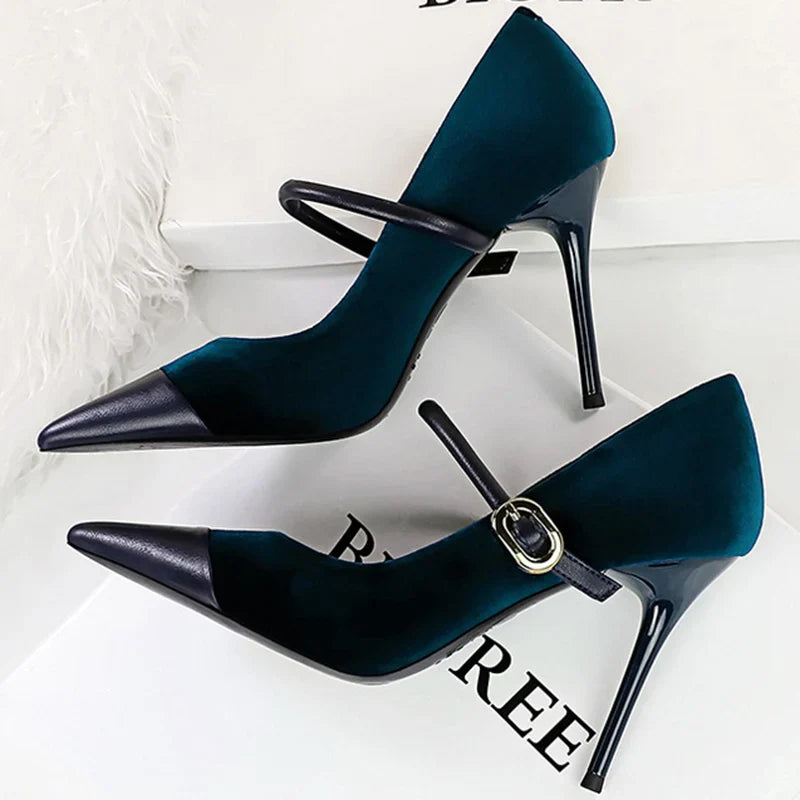 Pointed Heel Shoes with Velvet and Faux Leather Buckle Decoration - Mabel