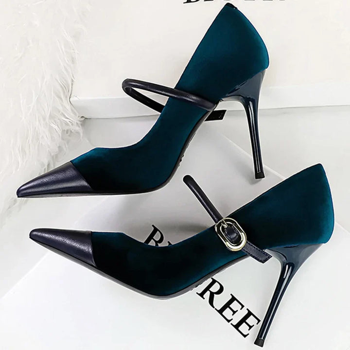 Pointed Heel Shoes with Velvet and Faux Leather Buckle Decoration - Mabel