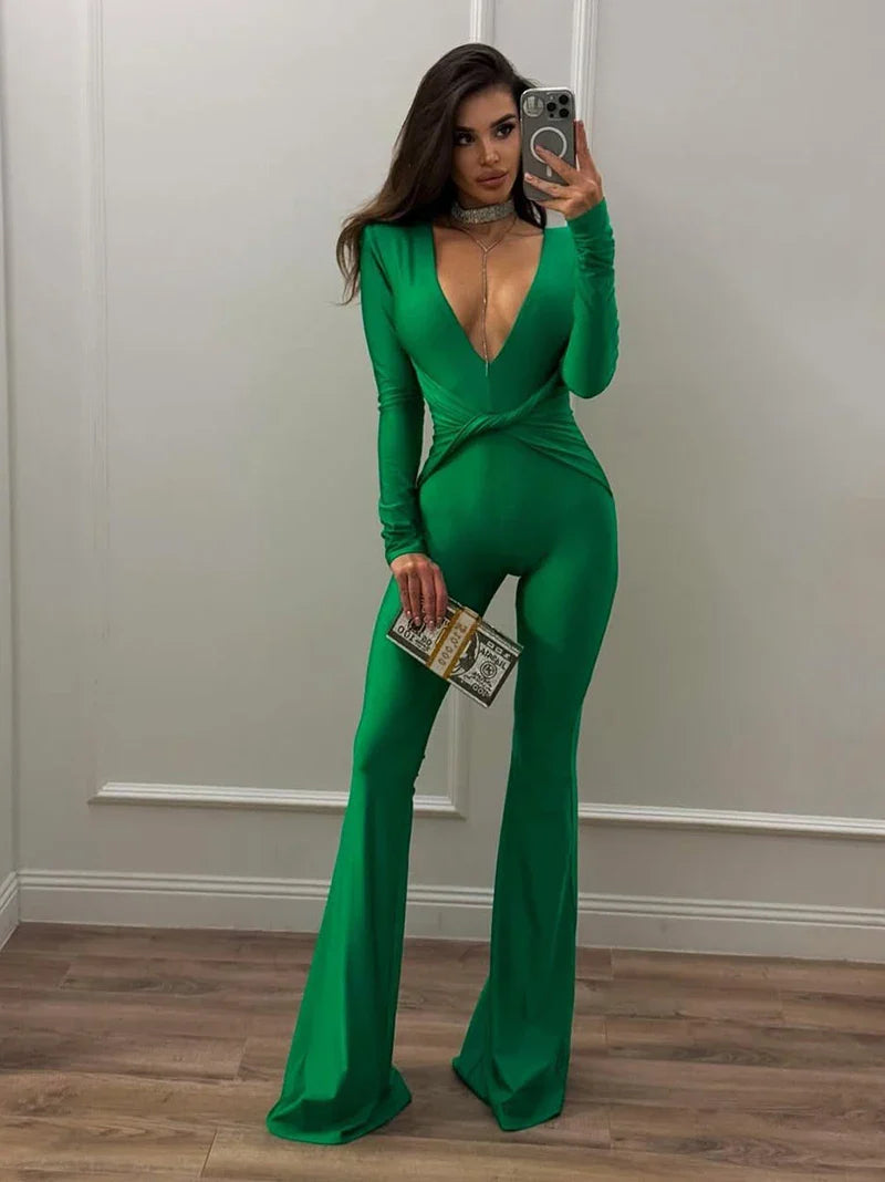 Fitted long jumpsuit with shaping fabric, deep V neckline, and cross decoration - Laini
