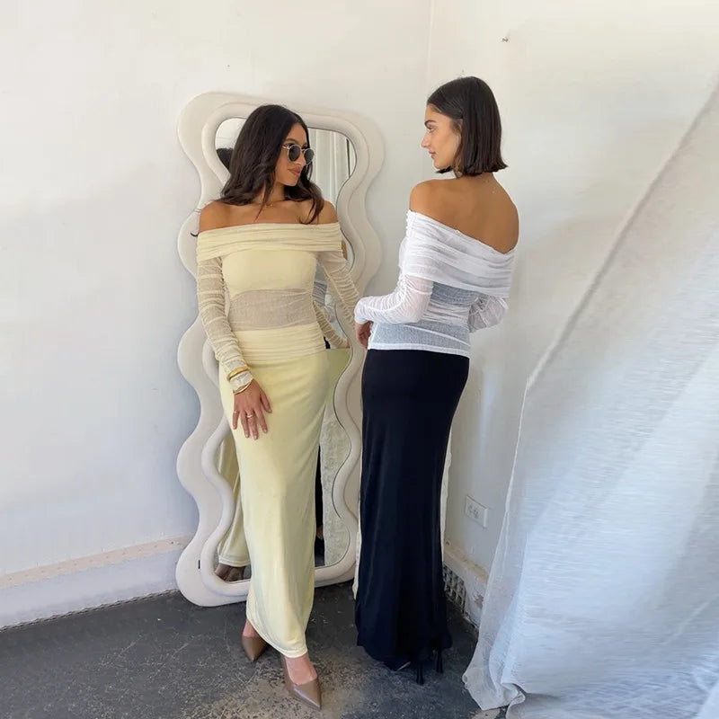 Two-piece set: maxi skirt and off-shoulder mesh top - Blina