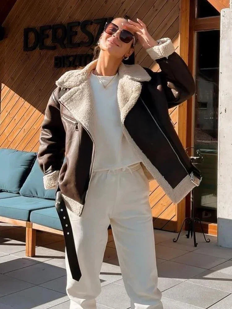 Oversized Leather Coat with Fur Lining - Kaya