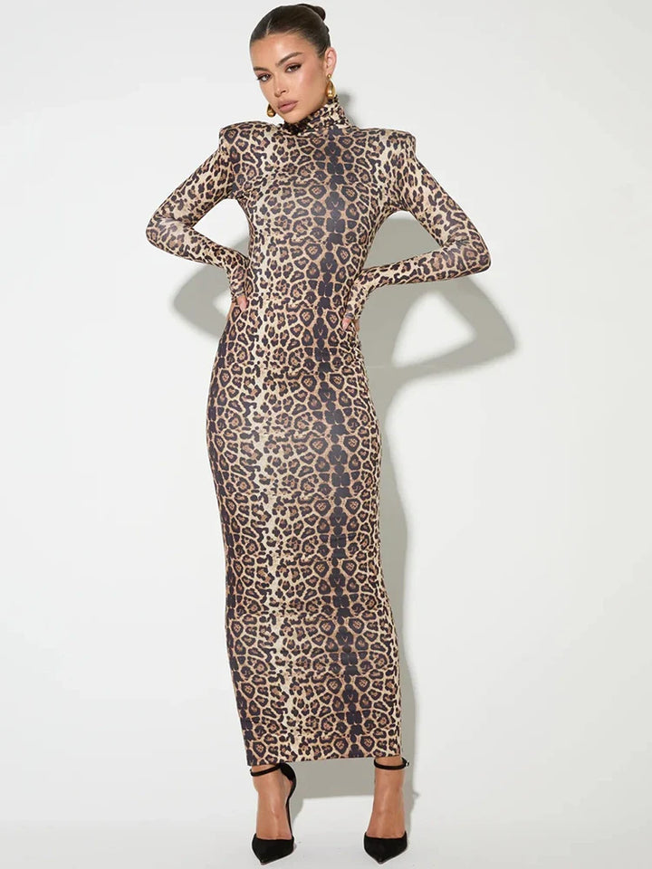 Leopard print maxi dress with turtleneck - Madlen