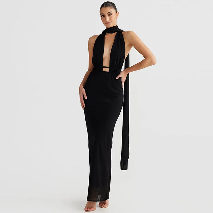 Maxi evening dress with open back and deep neckline - Adelina