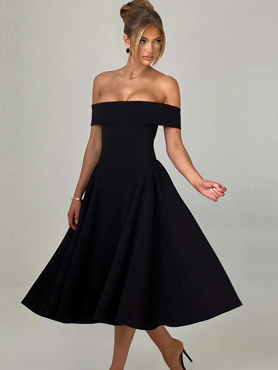 Midi A-Line Dress with Off-Shoulder Design - Ronal