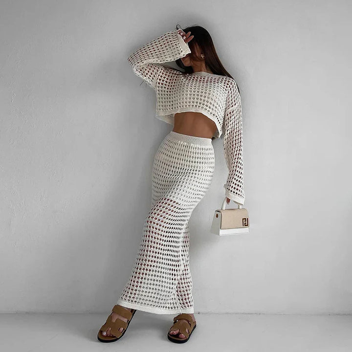 Two-Piece Crochet Mesh Set with Maxi Skirt and Crop Top - Blanca