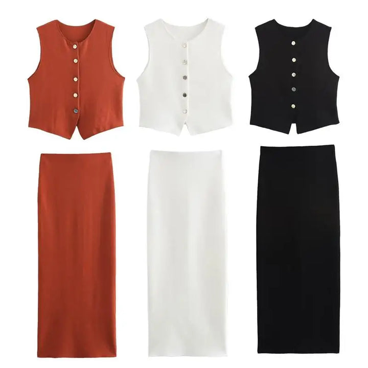 Two-Piece Knit Set with Buttoned Vest and Maxi Skirt - Polina