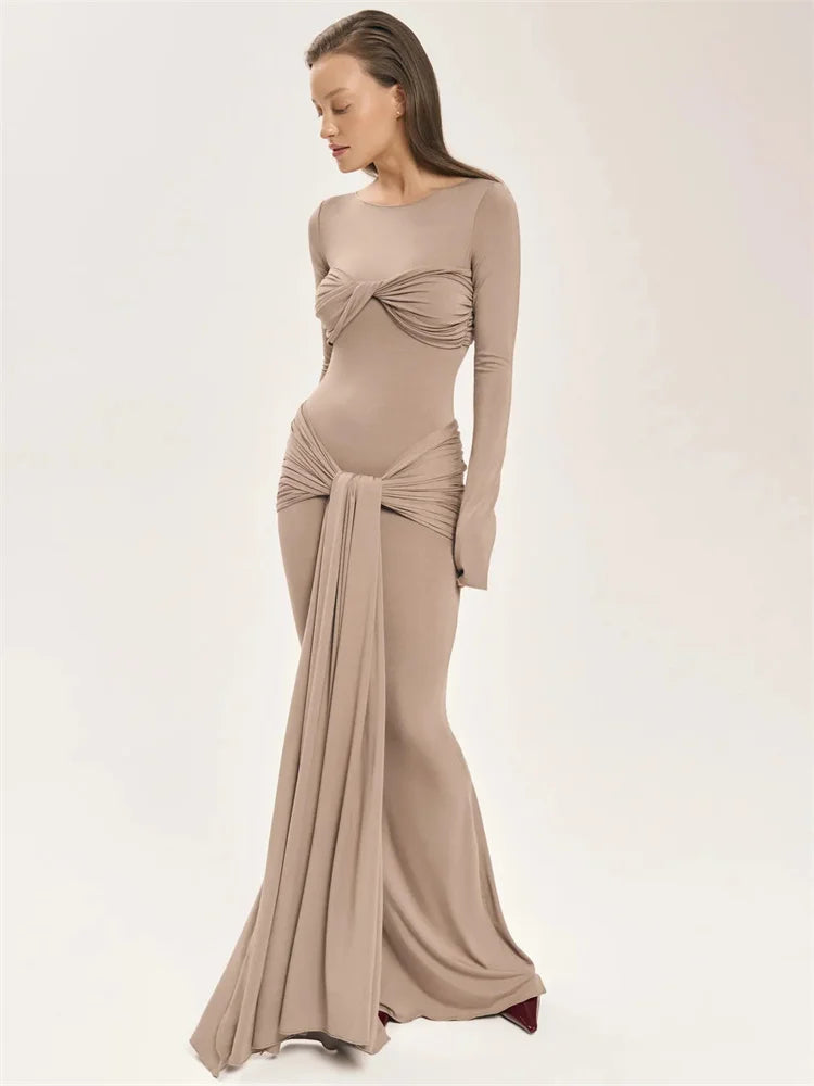 Modest Maxi Dress with Ruching and Tie Detail - Nahev