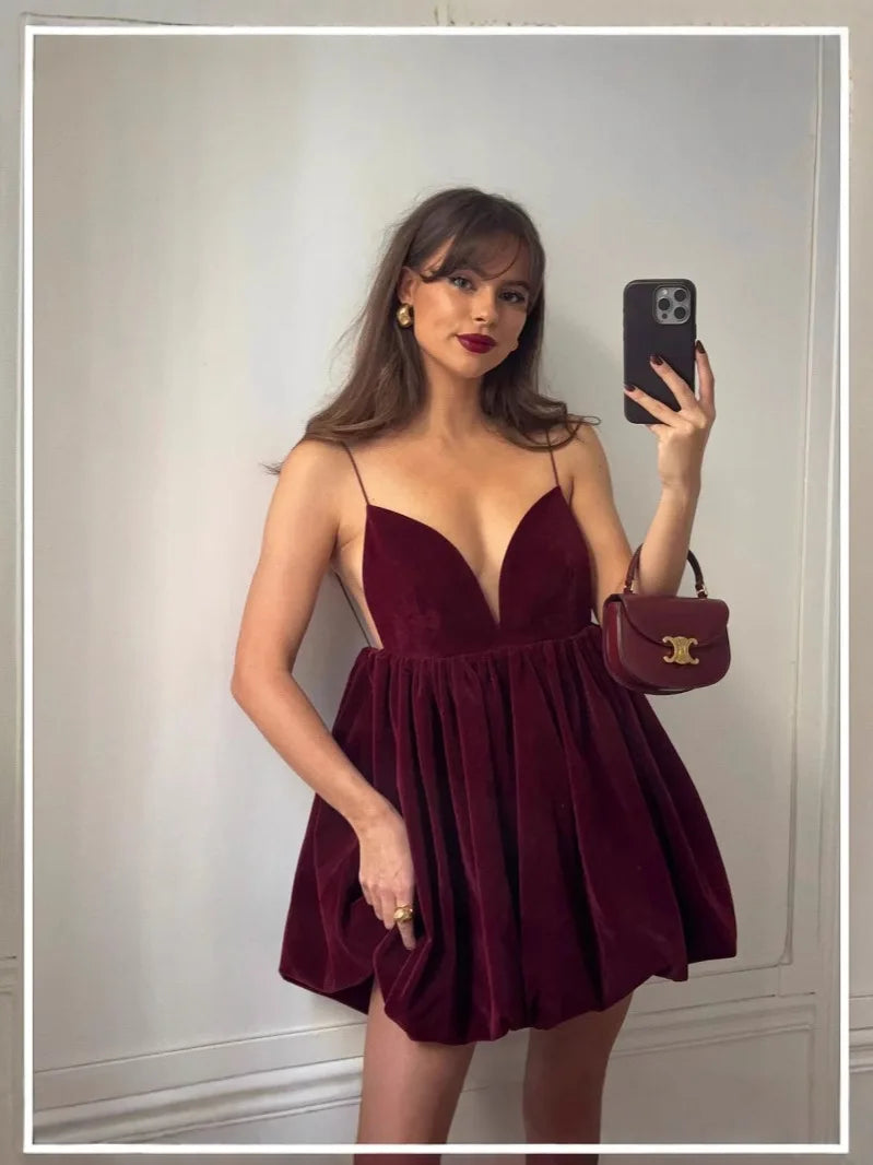 Velvet Mini Balloon Dress with Open Back - Myla