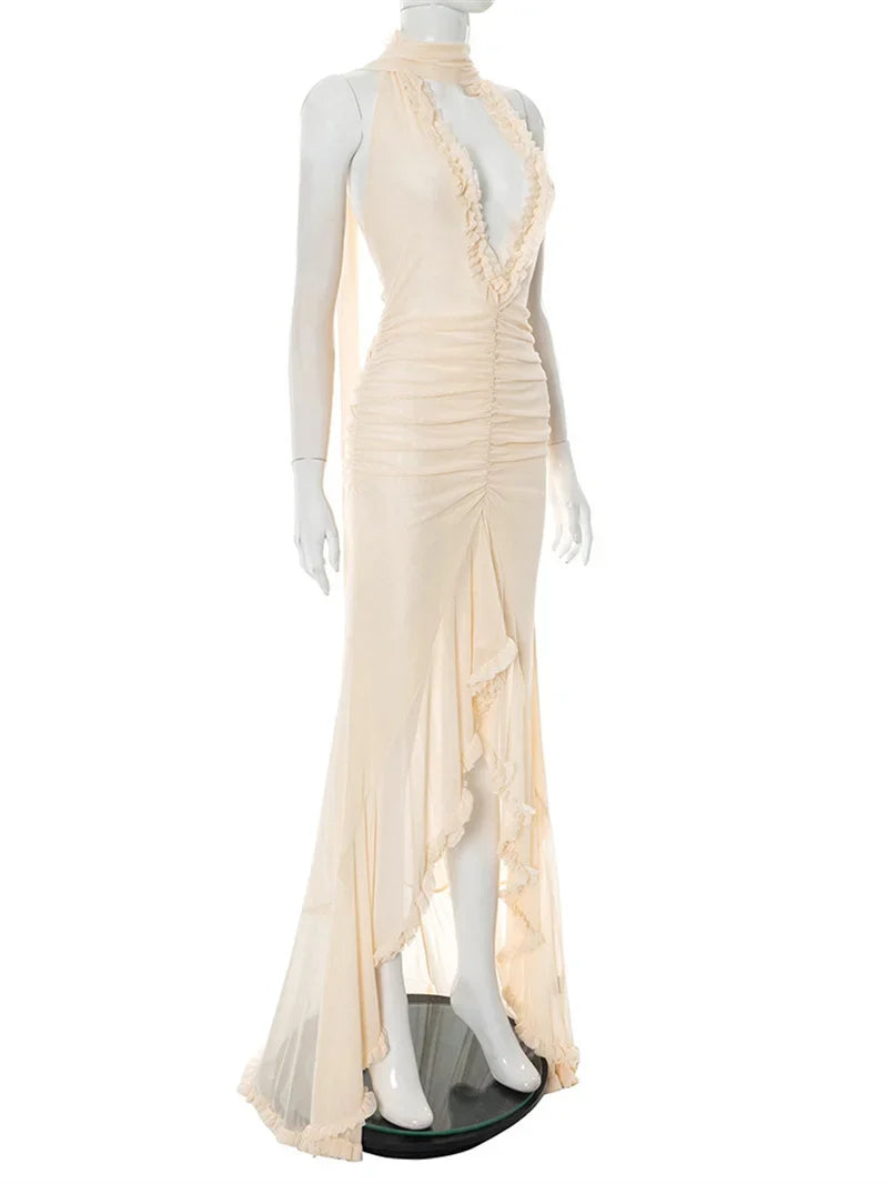 Maxi chiffon dress with ruffles and asymmetric design with matching scarf detail - Milka