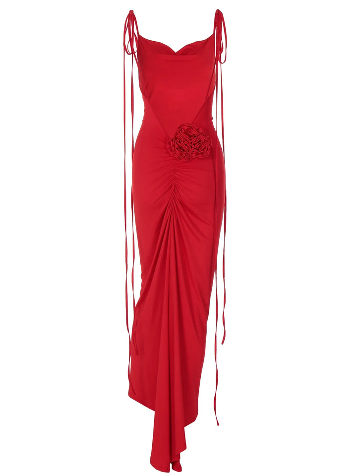 Fitted Maxi Dress with Floral Applique Detail and Open Back - Mariana