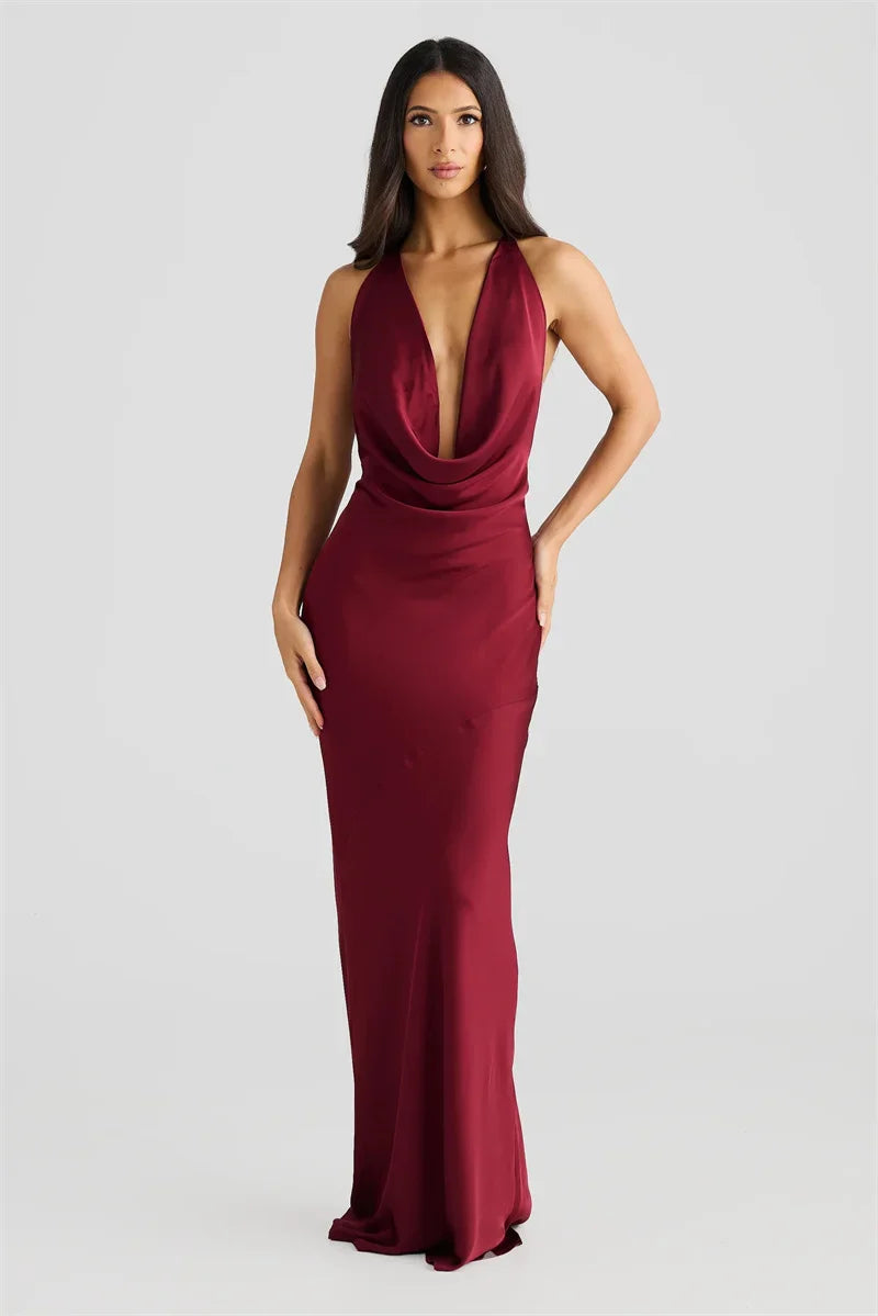 Satin Maxi Dress with Open Back and Draped Collar - Paula