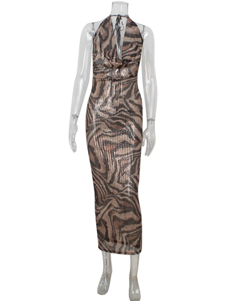 Leopard Print Sequin Maxi Dress with Draped Collar and Open Back - Magnolia