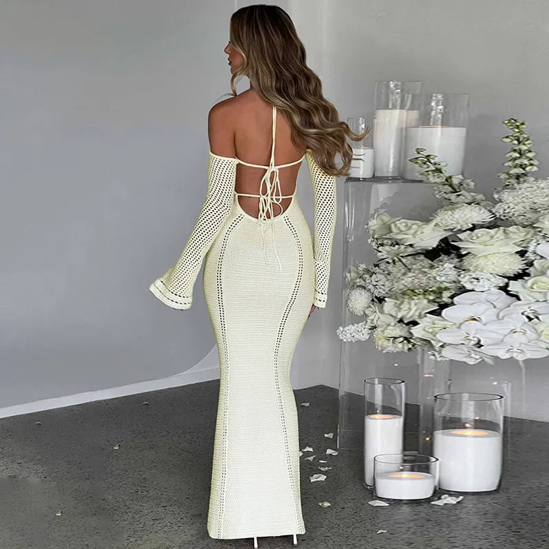 Knitted Dress with Long Sleeves and Bare Shoulders - Alaya