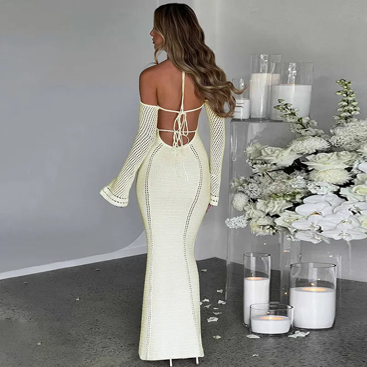 Knitted Dress with Long Sleeves and Bare Shoulders - Alaya
