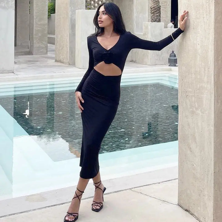 Elegant Midi Dress with Floral Detail and Slit - Chulia