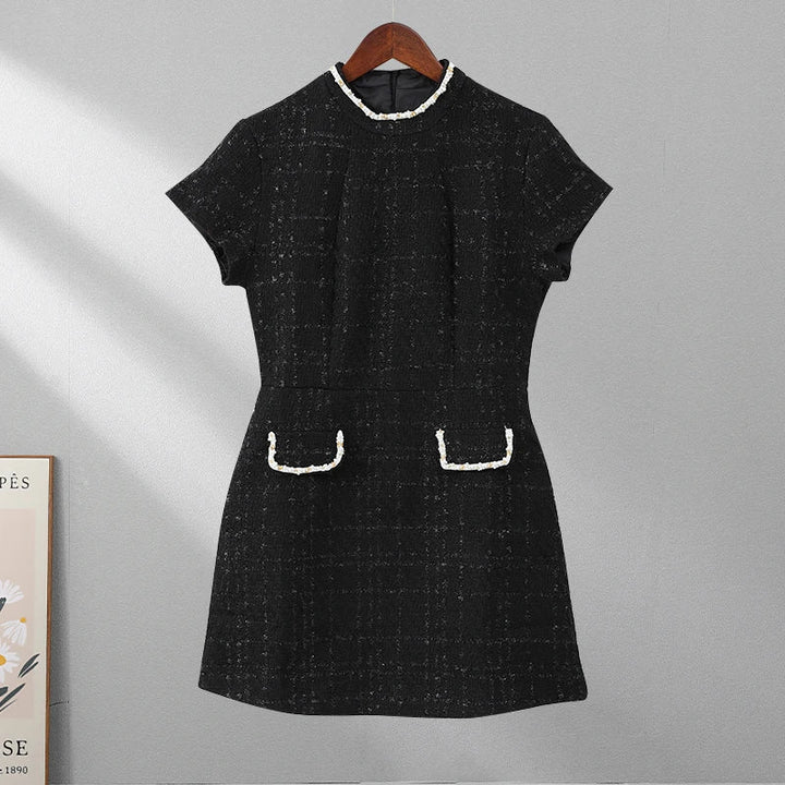 Elegant Mini Dress with Short/Long Sleeves, Tailored Style, Woven Fabric with Sequin and Pearl Embellishment - Lucia