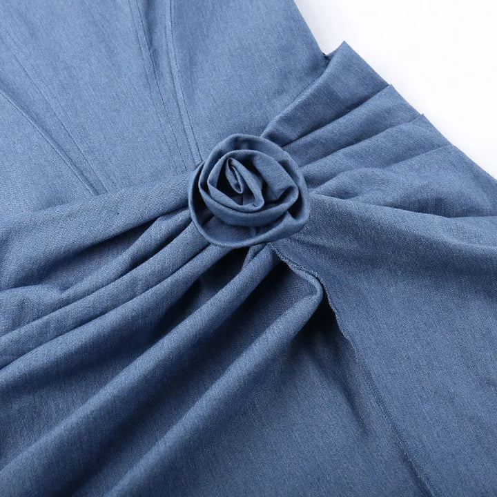 Denim mini dress with corset design and flower detail - Priel