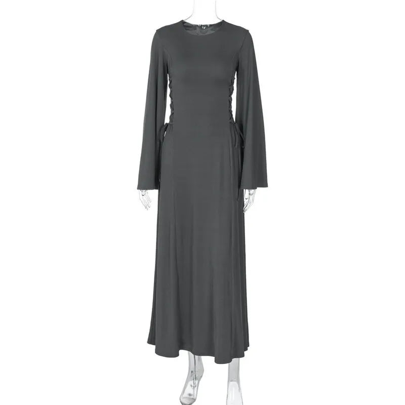 Modest knitted A-line maxi dress with waist ties - Liri