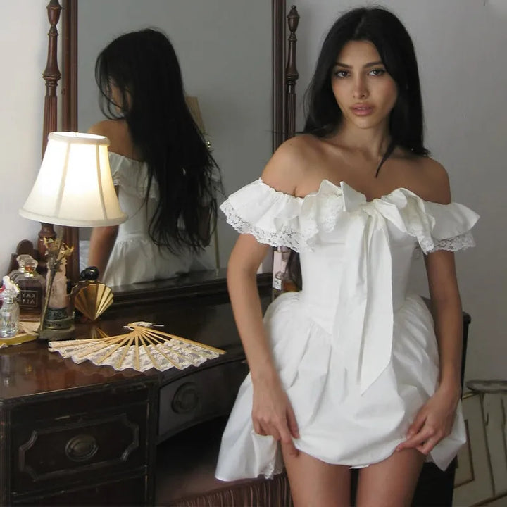 Rustic off-shoulder mini dress with lace decoration - Lali