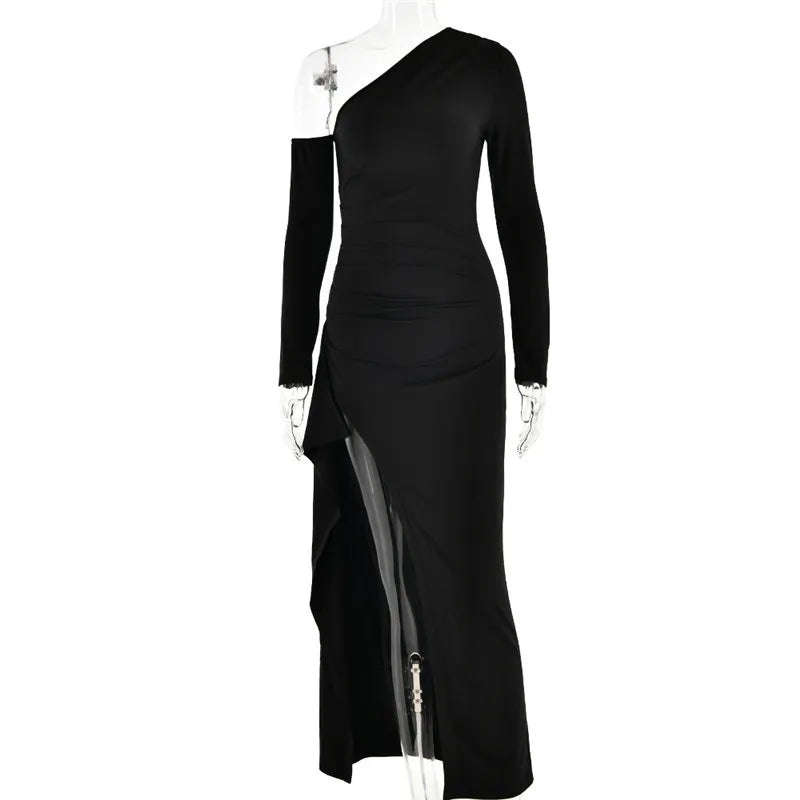 Ruffled maxi dress with shoulder slit and off-shoulder design - Melania