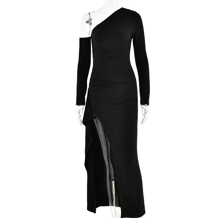 Ruffled maxi dress with shoulder slit and off-shoulder design - Melania