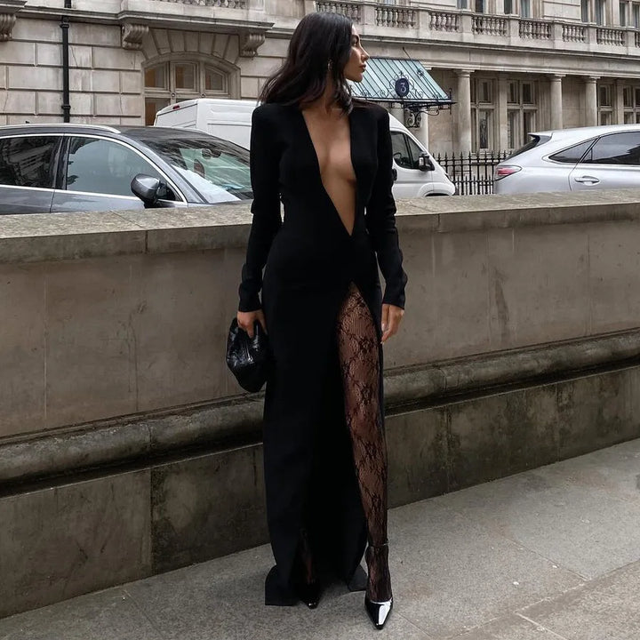 Maxi Dress with Deep V-Neckline and Deep Slit - Laila