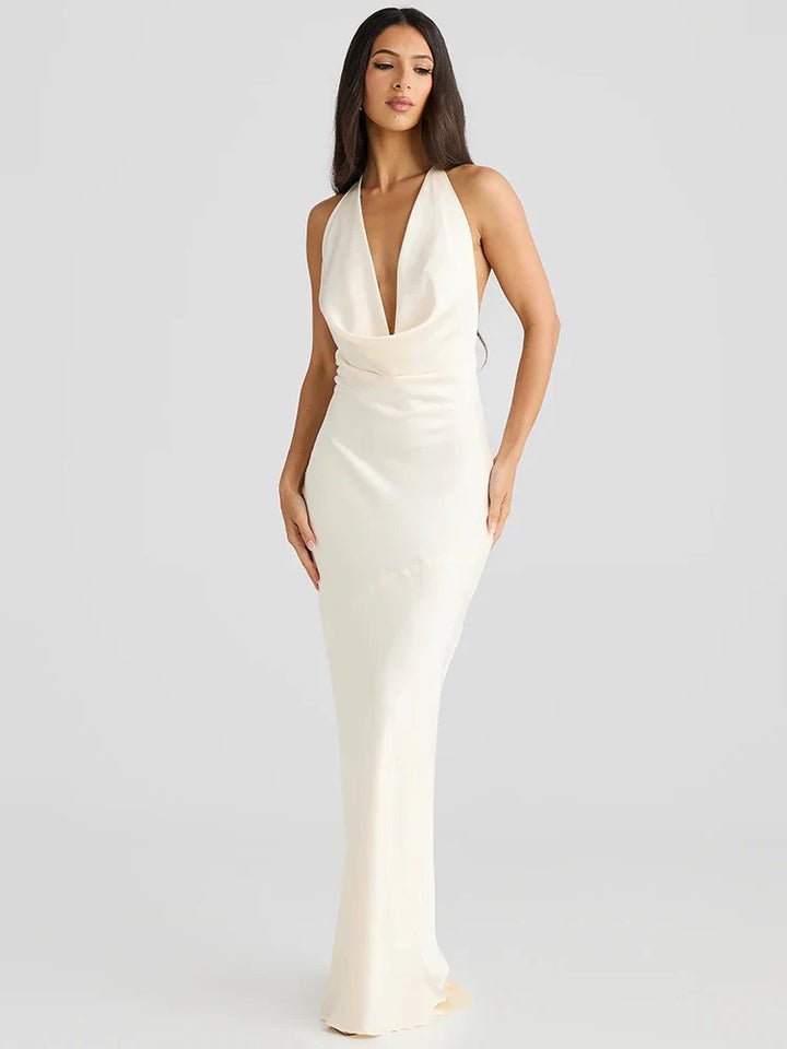 Satin Maxi Dress with Open Back and Draped Collar - Paula