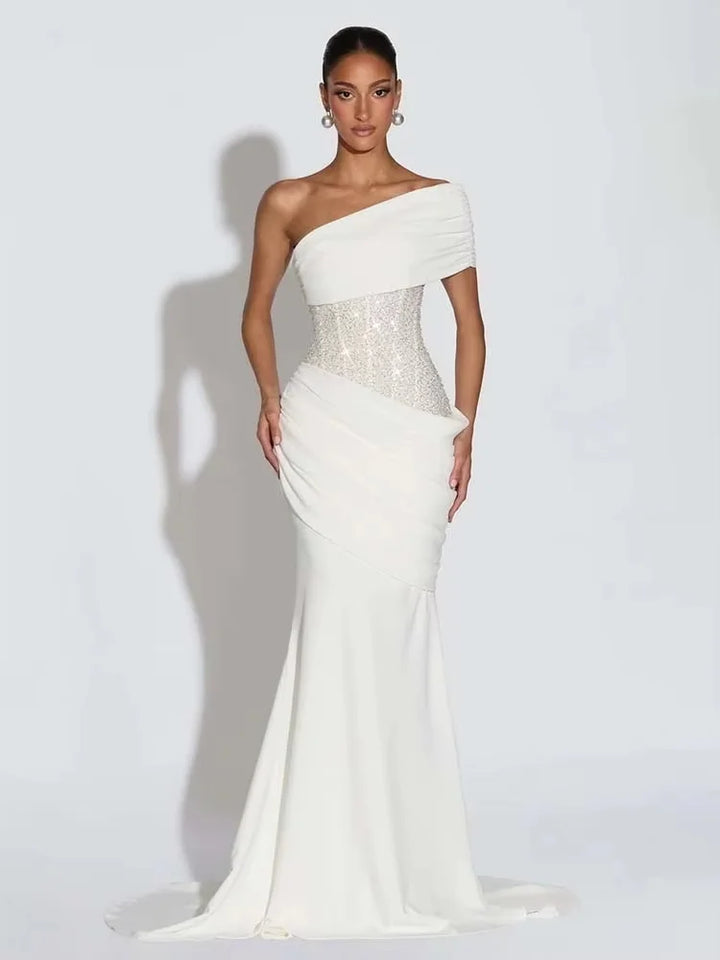 One-Shoulder Maxi Dress with Pleats and Sequins - Ara