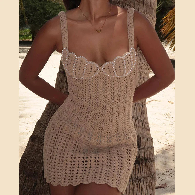 Knitted Mesh Mini Dress with Pearl Decoration - Aliana