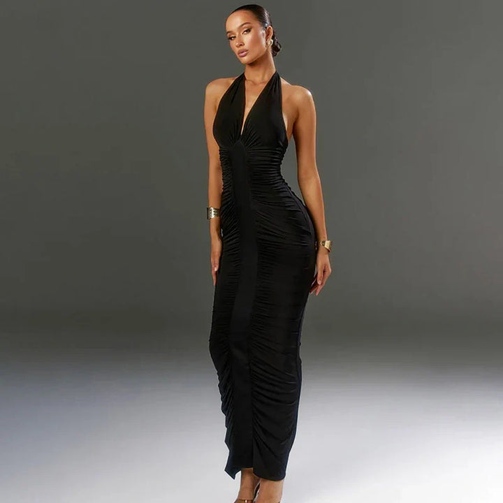 Maxi Dress with Ruching, Open Back, and Neck Tie - Lima