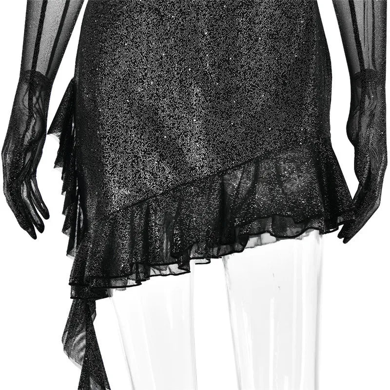 Sequin mini dress with ruffle design and matching gloves - Brooke