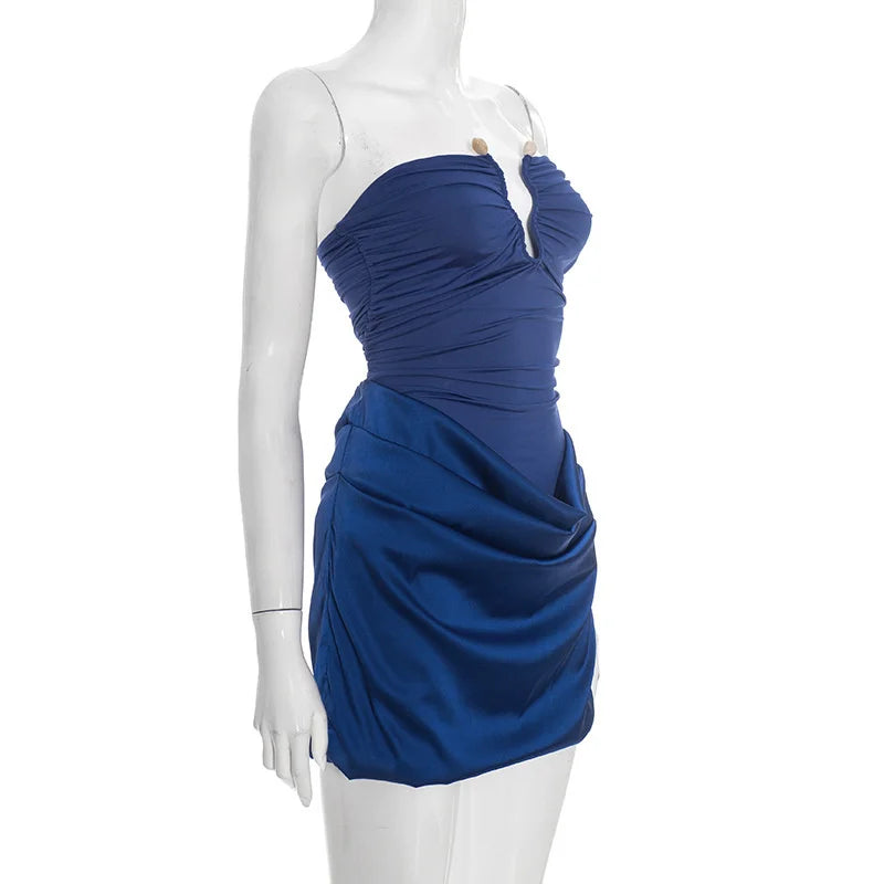 Mini strapless dress with satin pleats and buckle decoration - Easy