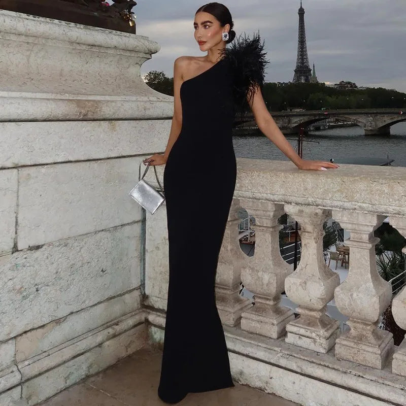 Elegant one-shoulder maxi evening dress decorated with feathers - Talia
