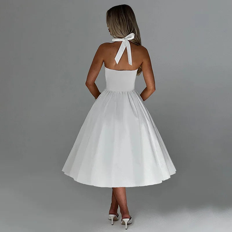 A-line midi dress with open back and neck tie - Angie
