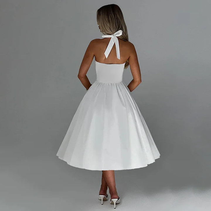 A-line midi dress with open back and neck tie - Angie