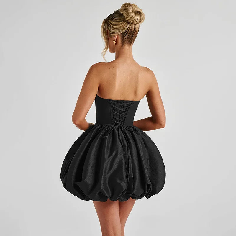 Strapless satin mini dress with balloon shape and bow decoration - Nina