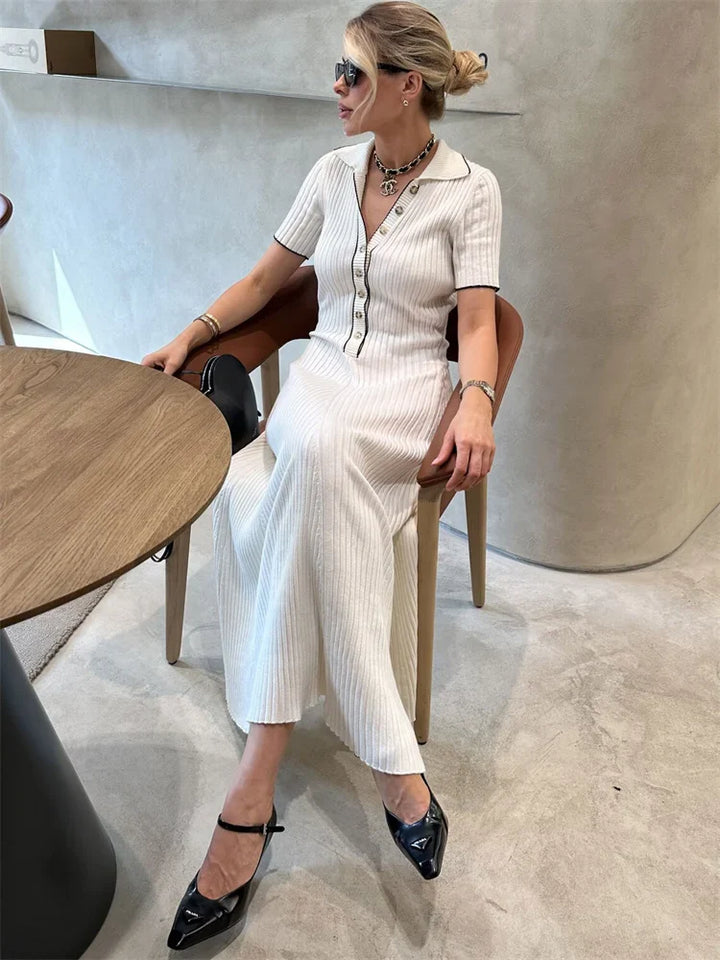 Knitted Maxi Dress with Elegant Design and Button Decoration - Ivanna