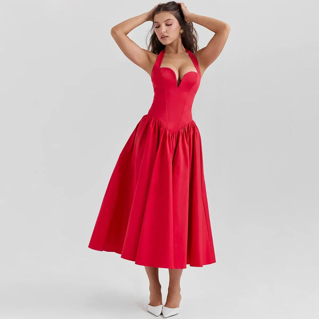 Midi A-Line Dress with Corset Design, Neck Tie - Tanya