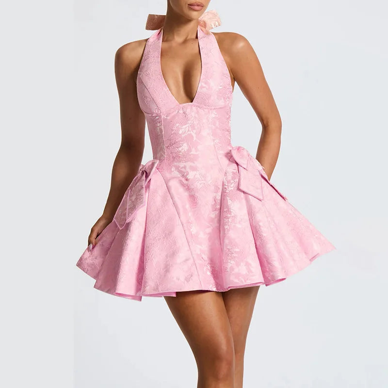A-line mini dress with neck tie and embroidered floral illustration with bow details - Carolina