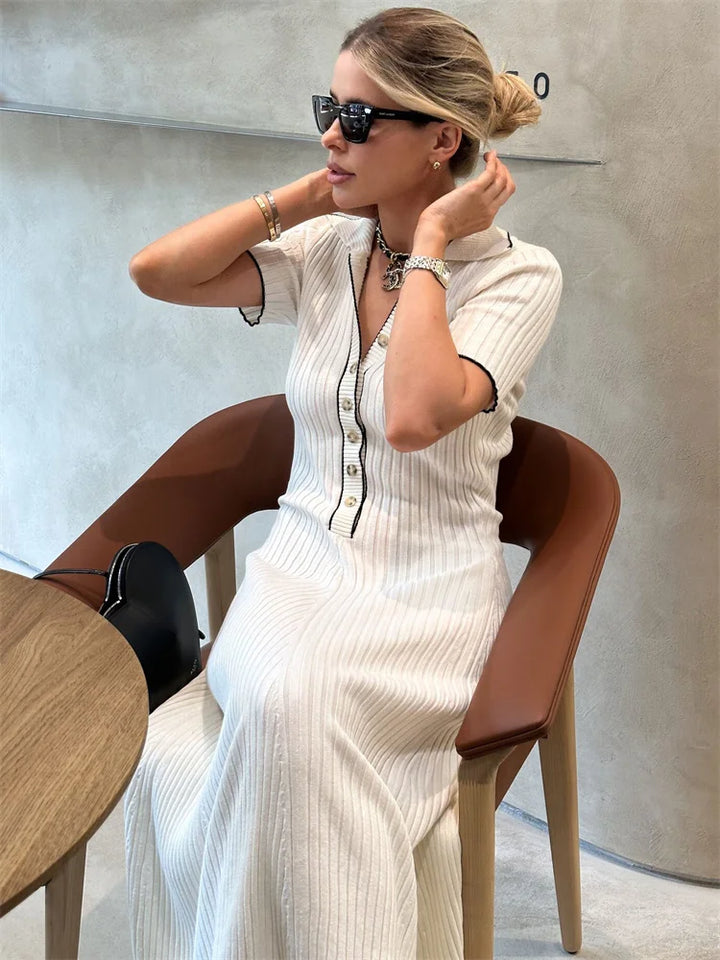Knitted Maxi Dress with Elegant Design and Button Decoration - Ivanna