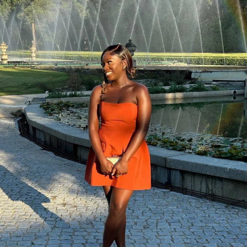 Strapless A-Line Mini Dress with Faux Pocket Detail - Angeles