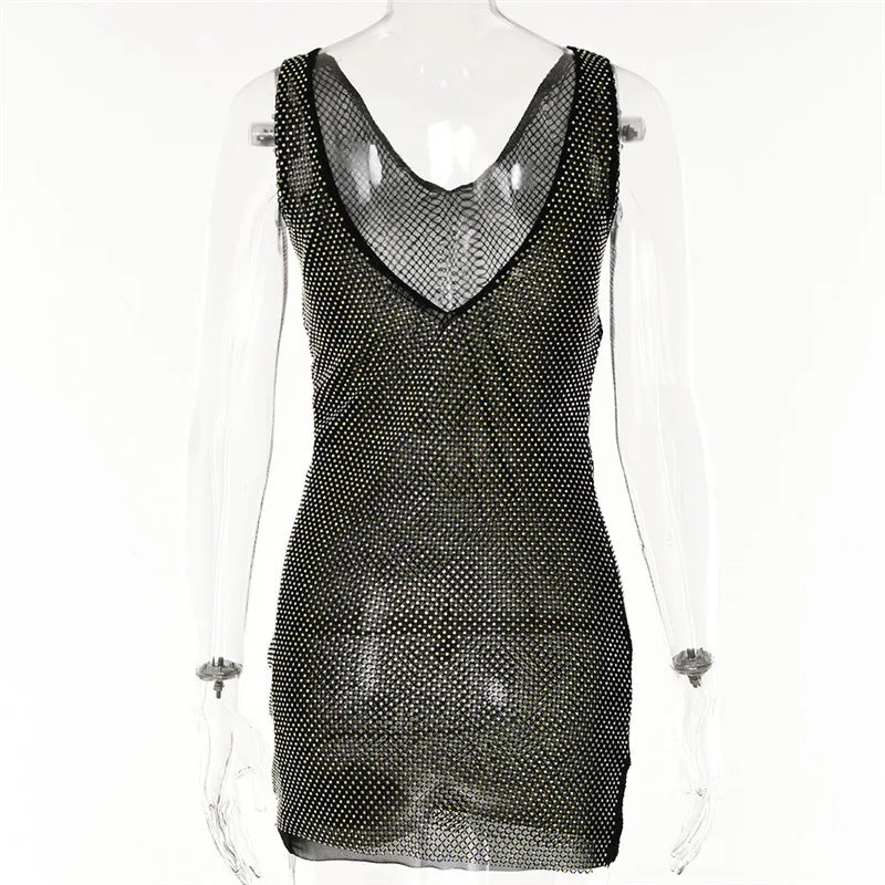 Diamond mesh sparkling mini dress with opaque hem and open back - Morrison