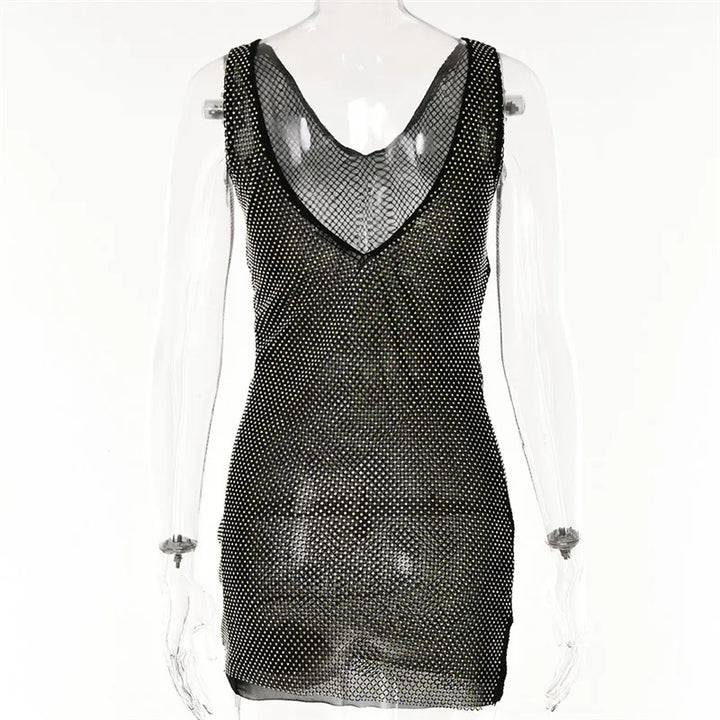 Diamond mesh sparkling mini dress with opaque hem and open back - Morrison