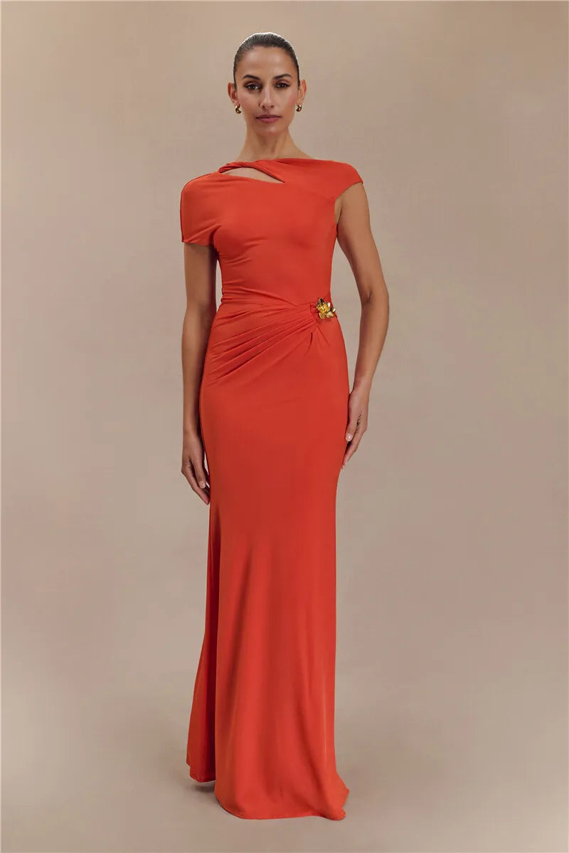 Elegant Maxi Dress with Ruching, One Sleeve, and Buckle Detail - Agatha