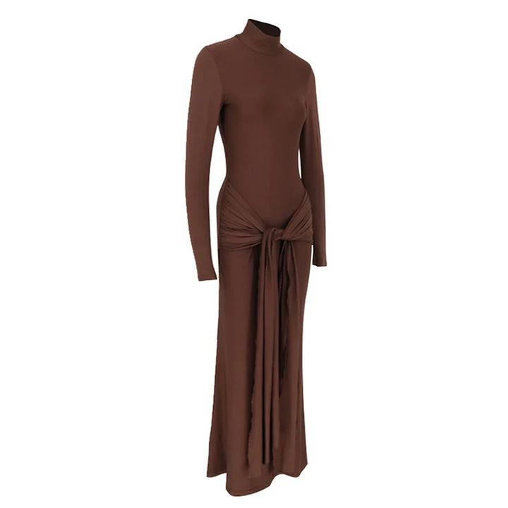 Maxi Dress with Turtleneck Collar, Gathered Design, and Tie - Margarita