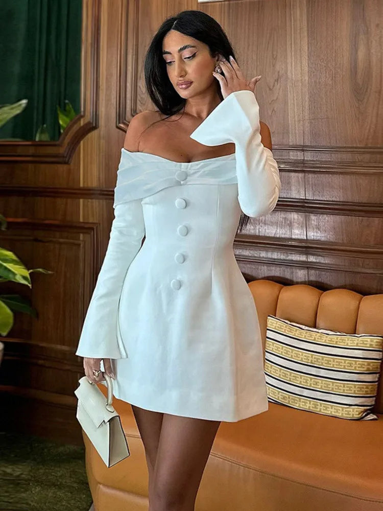 Mini A-line dress with off-shoulder and button decoration - Milian