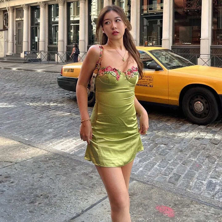 Satin Mini Dress with Floral Decoration - Sarin