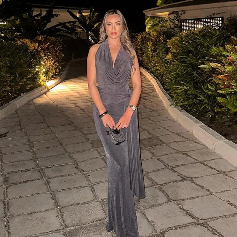 Knitted Suede Maxi Dress with Draped Collar, Open Back, and Tie Detail - Michaela