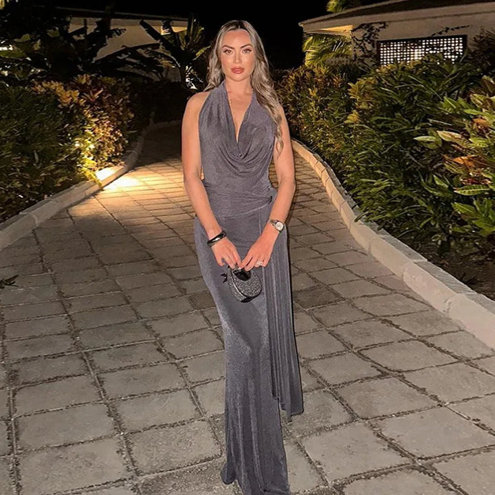 Knitted Suede Maxi Dress with Draped Collar, Open Back, and Tie Detail - Michaela