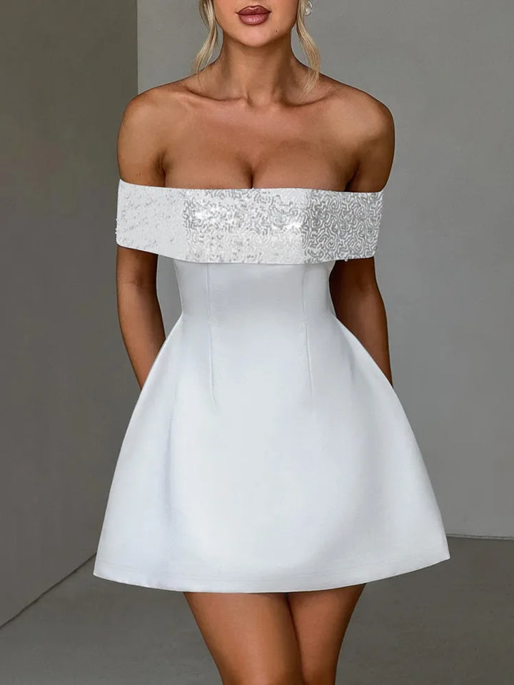 A-Line Mini Dress with Off-Shoulder Sequin Decoration - Lorian